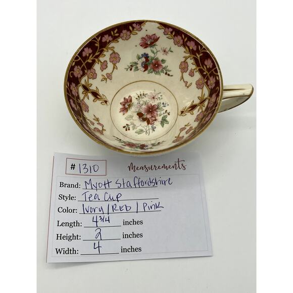 Vintage Myott Staffordshire England Ivory w/ Pink & Red Flowers Gold Tea Cup - Picture 9 of 9